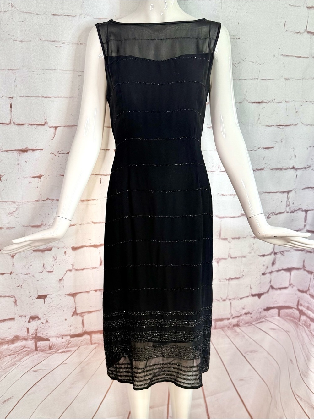SIGRID OLSEN Black Sheath Sheer Overlay Metallic Thread 10 Cocktail Party Dress - Picture 2 of 14